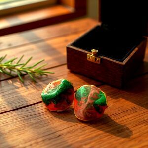 Dramatic colorful vintage enamel pierced earrings gold trim 1" wearable art